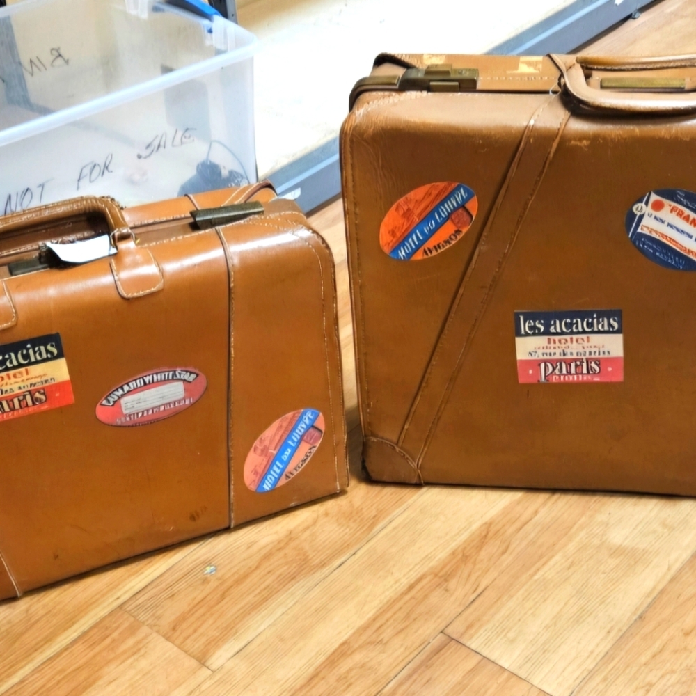1950 -Two Vintage Samsonite Leather Hard Sided Suitcases With Travel Stickers